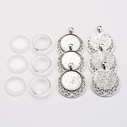 Античное Серебро Настройки сплава кулон кабошон скошенных пузырь Locket, Прозрачные стеклянные кабошоны, плоско-круглые, античное серебро, 44.5x36x2.5 мм, отверстие : 6.5x3 мм, стеклянные кабошоны: 25x7 мм, 6sets / мешок