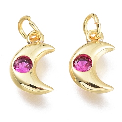 Ярко-Розовый Латунные микро проложить кубического циркония прелести, с целью перехода в кольце, луна, золотые, ярко-розовый, 10x6.5x2.5 мм, отверстие: 1.5 мм, переходные кольца: 3.5x0.8 мм