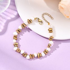 Golden Natural Cultured Freshwater Pearl & Non-magnetic Synthetic Hematite  Beaded Bracelets for Women, Two Sides Polished, Golden, 7.28 inch(18.5cm)