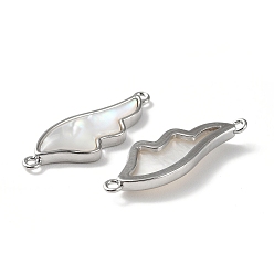 Platinum Brass Wing Connector Charms, with Natural White Shell, Platinum, 27x10x3.5mm, Hole: 1mm