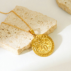 Chapado en Oro Real 18K 304 Collares con colgante de moneda de flor en relieve de acero inoxidable para mujer, real 18 k chapado en oro, 15.75 pulgada (40 cm)