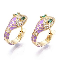 Лиловый Серьга-кольцо в виде змеи с зеленым кубическим цирконием, массивные серьги-кольца из латуни и эмали с покрытием из настоящего золота 18k для женщин, без никеля , сирень, 20x18.5x10 мм, штифты : 1.5 мм