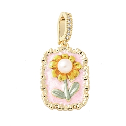 Pink Латунь эмаль подвески, с натуральным пресноводным жемчугом и застежкой из латуни с микропаве из кубических цирконий, прямоугольник с цветочной подвеской, розовые, 26x18x7 мм, отверстие : 8x5 мм