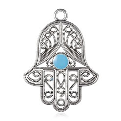 Bleu Ciel   Pendentifs gros en alliage, avec l'émail, hamsa main / main de fatima / main de miriam, bleu ciel, 65x48x4mm, Trou: 5mm