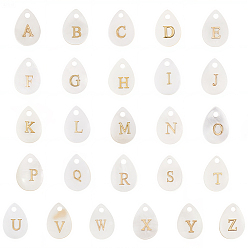 Letter A~Z 26 шт. 26 стили подвески-капли из натуральных ракушек с золотистыми металлическими буквами, цвет морской раковины, Письмо ~ Z, 13x9x2 мм, отверстие : 1.6 мм, 1 шт / стиль