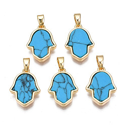 Türkis Echte 18 k vergoldete Messinganhänger, mit synthetischen Edelstein-Cabochons, Cadmiumfrei und Nickel frei und Bleifrei, Hamsa Hand / Hand von Miriam, buddhistisches Thema, Türkis, 17x12x3 mm, Bohrung: 2.5x5 mm