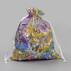White Organza Gift Bags, Drawstring Bags, with Colorful Coral Pattern, Rectangle, White, 12x9cm
