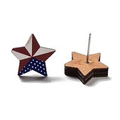 Star Independence Day Wood Stud Earrings, with 304 Stainless Steel Pins, Star, 15x15.5mm