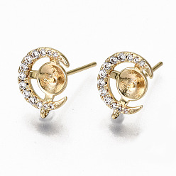 Clear Brass Micro Pave Clear Cubic Zirconia Stud Earring Findings, with Loop and for Half Drilled Beads, Nickel Free, Real 18K Gold Plated, Half Round, Clear, 12.5x9.5mm, Hole: 0.8mm, pin: 0.7mm, pin: 0.7mm(for half drilled beads)