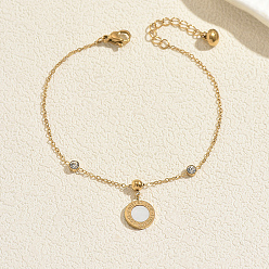 Golden 304 Stainless Steel Crystal Rhinestone Forever Love Coin Charm Bracelets for Women, Golden, 6.89 inch(17.5cm)