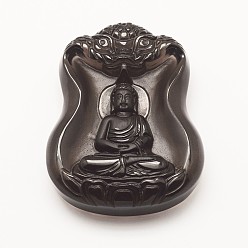 Obsidian Carved Natural Obsidian Big Pendants, Avalokitesvara, 53x41.5x4mm, Hole: 2mm