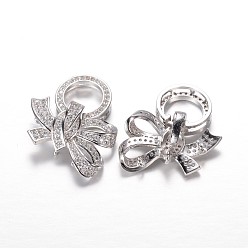 Platinum Brass Micro Pave Cubic Zirconia Fold Over Clasps, Bowknot, Platinum, 29x24x7.5mm, Hole: 1mm