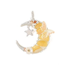 Topaz Jade Natural Topaz Jade Round Chip Wire Wrapped Pendants, Moon Charms with Acrylic Butterfly, Silver Color Plated, 38.5x35x11~14.5mm, Hole: 6x3mm