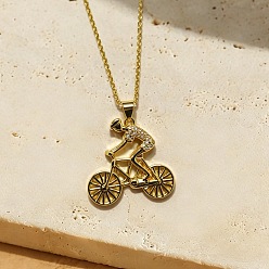 Bicycle Colliers pendentifs en laiton sertis de micro-pavés de zirconiums cubiques transparents sur le thème du sport, or, vélo, 17.72 pouce (45 cm), pendentif: 25x25 mm