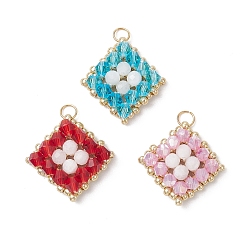 (52) Непрозрачная лаванда 3шт. 3 цветов подвески из стекла ручной работы и натурального радужного лунного камня, ромб, со стеклянными семенами и 304 кольцами из нержавеющей стали, граненые, разноцветные, 19x19x5 мм, отверстие : 3 мм, 1 шт / цвет