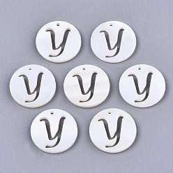 Letter Y Natural Freshwater Shell Charms, Flat Round with Hollow Out Letter, Letter.Y, 14.5x1.5mm, Hole: 0.9mm