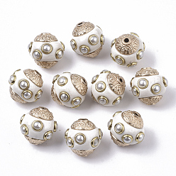 Белый Индонезийские бусины ручной работы, с металлическая фурнитурой, круглые, розовое золото , белые, 14~15x14.5~15 мм, отверстие : 1.6 мм