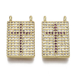Medium Violet Red Brass Micro Pave Cubic Zirconia Pendants, Nickel Free, Rectangle with Cross, Real 16K Gold Plated, Medium Violet Red, 19x11x2mm, Hole: 1mm