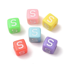 Couleur Mélangete Perles européennes opaques acrylique, Perles avec un grand trou   , cube avec la lettre s, couleur mixte, 10x9x9~9.5mm, Trou: 4mm, environ580 pcs / 500 g