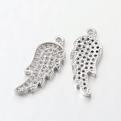 Platinum Brass Micro Pave Cubic Zirconia Pendants, Wing, Lead Free & Nickel Free, Platinum, 20x8x2mm, Hole: 1mm