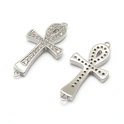 Платинированный Латунные микро проложить класса AAA кубического циркония ссылки, без кадмия, без никеля и без свинца, Анк крест, Реальная платина, 24.5x13x3 мм, отверстие : 1 мм