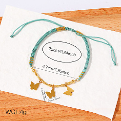 Papillon Bracelet bohème ajustable avec breloque en acier inoxydable et cordon en coton tressé, or, turquoise, papillon, 304 pouce (9.84 cm)