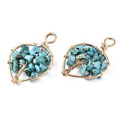 Синтетическая Бирюза Синтетические бирюзовые подвески, золотистая латунная проволока, дерево, сердце, 37~38.5x26~27x5.5~7.5 мм, отверстие : 4 мм