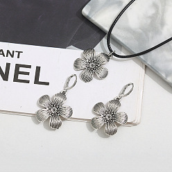 Античное Серебро Комплект из ожерелья с подвеской и серег-колец из цветочного сплава с искусственным кожаным шнуром, античное серебро, 450 мм