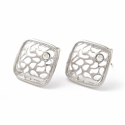Platinum Clear Cubic Zirconia Stud Earrings, Rack Plating Brass Hollow Rhombus Earrings for Women, Platinum, 18.5x17.5mm, Pin: 0.7mm