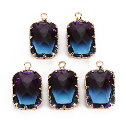 Midnight Blue Gradient Color Glass Pendants, with Brass Prong Settings, Faceted, Rectangle, Light Gold, Midnight Blue, 24x14x6mm, Hole: 1.6mm