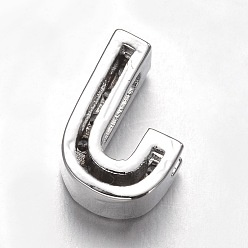 Letter J Platinum Plated Brass Micro Pave Cubic Zirconia Letter Slide Charms, Letter.J, 9.5x6.5x4.5mm, Hole: 4.5x1.5mm