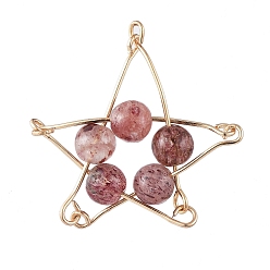 Strawberry Quartz Natural Strawberry Quartz Pendants, with Golden Plated Iron Eye Pin, Star, 29x29x6.5mm, Hole: 1mm