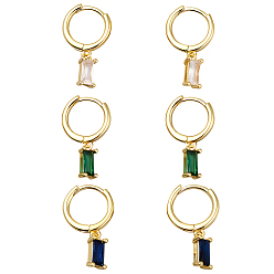 (52) Непрозрачная лаванда 3 пары 3 цветные латунные серьги-кольца с микропаве из кубического циркония, прямоугольные, золотые, разноцветные, 21.5x12 мм, 1 пара / цвет