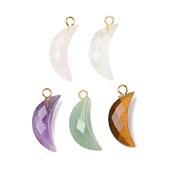 Смешанные камни Природные смешанные подвески драгоценных камней, с латунной фурнитурой , граненые, Луна прелести, 23x10x6 мм, отверстие : 2 мм