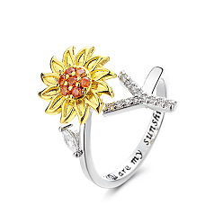 Letter Y Регулируемые вращающиеся манжеты из латуни со стразами, письмо и подсолнух, Словом ты мое солнышко, Кольцо-спиннер для успокоения беспокойства, медитации, платина и светлое золото, Письмо Y, внутренний диаметр: 15~20 мм