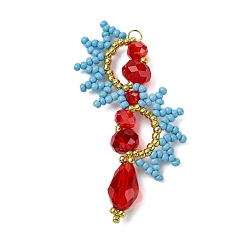 Красный Подвески-дуги из стеклянных бусинок, со стеклом и петлей, красные, 55.5x31.5x8 мм, отверстие : 2.5 мм