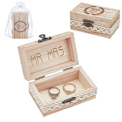 BurlyWood Rectangle Wooden Finger Ring Boxes, with Mesh Drawstring Bag, for Wedding, Word Together with Me, BurlyWood, Box: 6.3x10.1x4.5cm