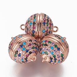 Розовое Золото Магнитные застежки из латуни с цирконием и микропаве с петлями, круглые, красочный, розовое золото , 18x14.5 мм, отверстие : 1.4 мм