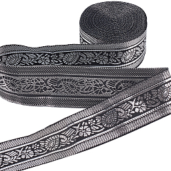 Черный 7m плоские полиэстеровые ленты в этническом стиле, жаккардовая лента, тирольская лента с цветочным узором, чёрные, 1-1/4 дюйм (33 мм), около 7.66 ярдов (7 м) / рулон