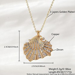 Shell Shape Ожерелья с подвесками Ocean Summer из латуни с прозрачными кубическими цирконами и паве, золотые, формы раковины, 17.72 дюйм (45 см), Кулон : 25x23 мм