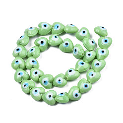 Light Green Handmade Evil Eye Lampwork Beads Strands, Heart, Light Green, 12~12.5x12~13x7.5mm, Hole: 1.2mm, about 33pcs/strand, 14.76 inch(37.5cm)