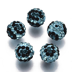 Blue Zircon Polymer Clay Rhinestone Beads, Pave Disco Ball Beads, Round, Blue Zircon, PP13(1.9~2mm), 6 Rows Rhinestone, 10mm, Hole: 1.5mm