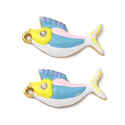 Светло-Голубой 304 из нержавеющей стали горный хрусталь подвески, Эмаль стиле, рыбы прелести, вакуумное покрытие pvd, реальный 18 k позолоченный, Небесно-голубой, 27x13x3 мм, отверстие : 1.6 мм