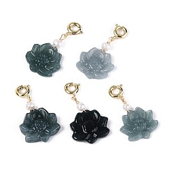 Бирманский Нефрит Подвески из натурального бирманского нефрита и натурального жемчуга., с латунной застежкой, лотос, 21~22x15.5~16x3.5~4.5 мм, отверстие : 2.8~3 мм, застежка : 9~9.5x7x3 mm