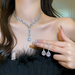 Платина Комплекты украшений из латунных стразов в форме капли, комплект из колье и сережек, платина, 13.98 дюйм (355 мм)