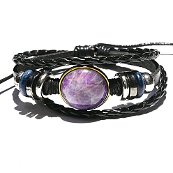 Аметист Плоские круглые многониточные браслеты с натуральным аметистом, трехслойный регулируемый браслет, периметр: 7-1/8~10-1/4 дюйм (18~26 см)