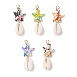 (52) Непрозрачная лаванда Подвески из окрашенной синтетической бирюзы в виде морской звезды и натуральной ракушки каури, с петлями из медной проволоки, золотые, разноцветные, 32.5x14x7 мм, отверстие : 3 мм