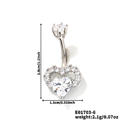 Серебро Сердце латунные стразы кольца для живота изогнутая штанга, серебряные, 28x13 мм