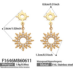 Golden 316 Surgical Stainless Steel & Clear Cubic Zirconia Stud Dangle Earrings, Sun, Golden, 26x13mm
