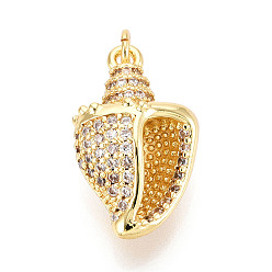 Настоящее золото 18K Латунные микропаве прозрачные подвески с фианитом, без кадмия и без свинца, раковина, с целью перехода в кольце, реальный 18 k позолоченный, 21x13x8 мм, отверстие : 3.5 мм
